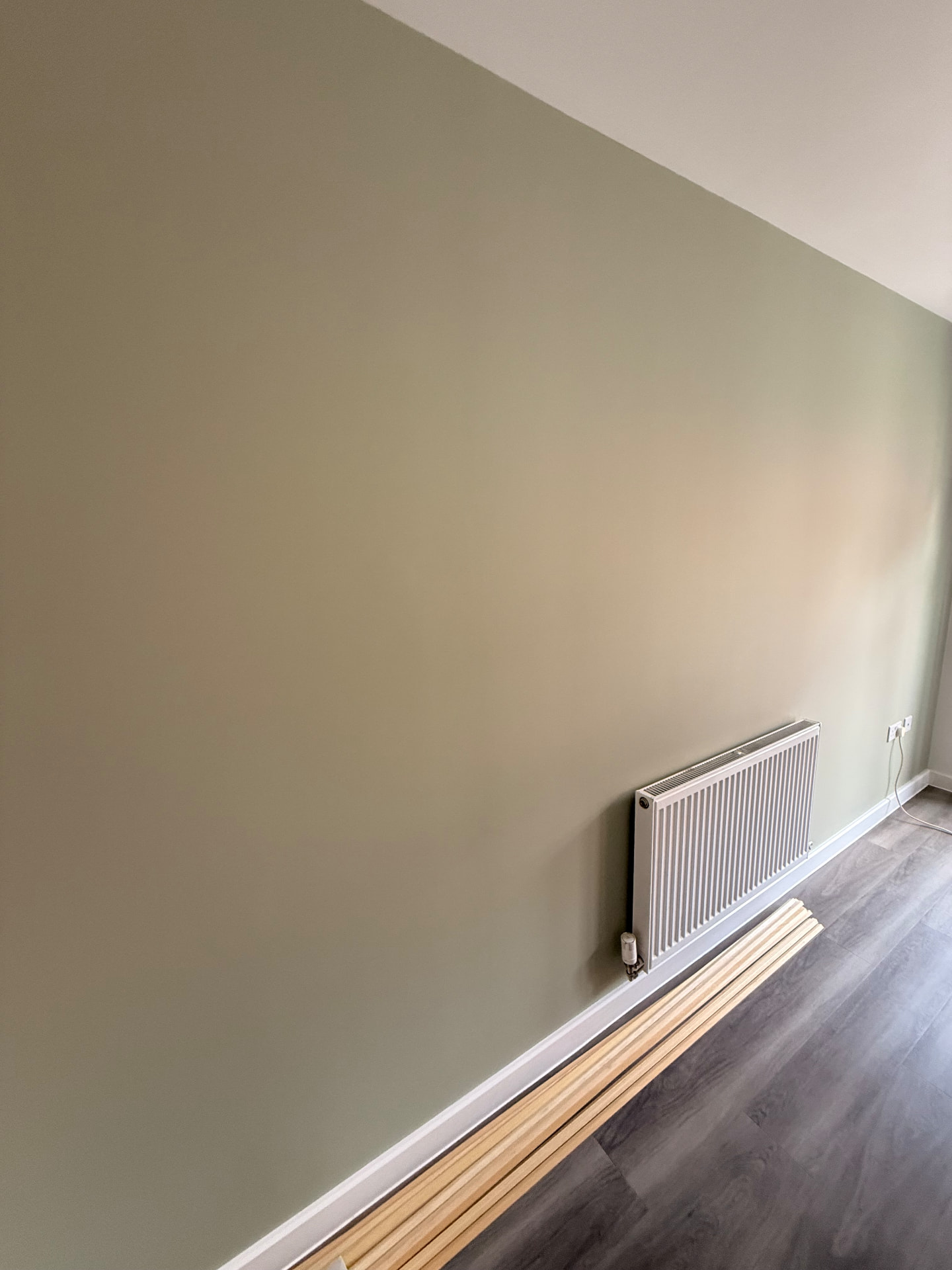 Plain sage green kitchen dining wall before panelling was installed